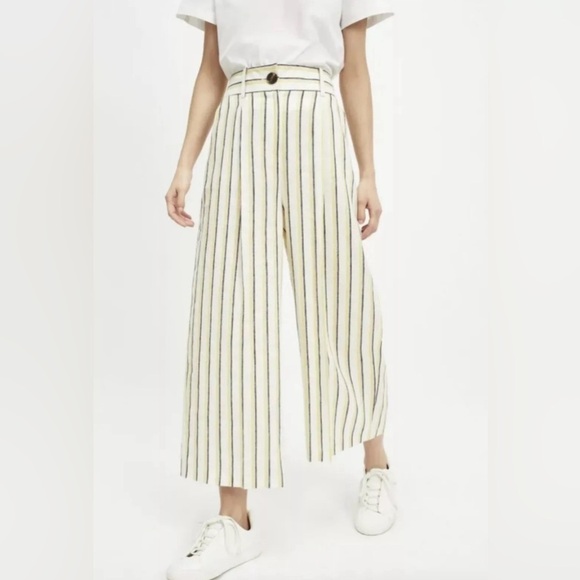 MISS SELFRIDGE Yellow Striped Crop Wide Leg Linen Style Trousers Size 4 - Picture 1 of 14